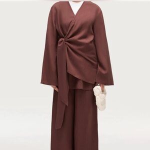 Veiled linen blend kimono top chocolate brown